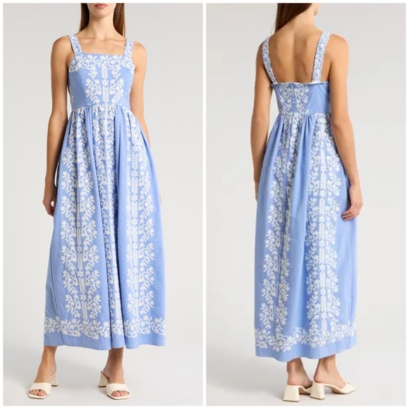New Julia Jordan Floral Embroidered Maxi Dress Blue White Square Neck Sz 10 - Picture 1 of 13